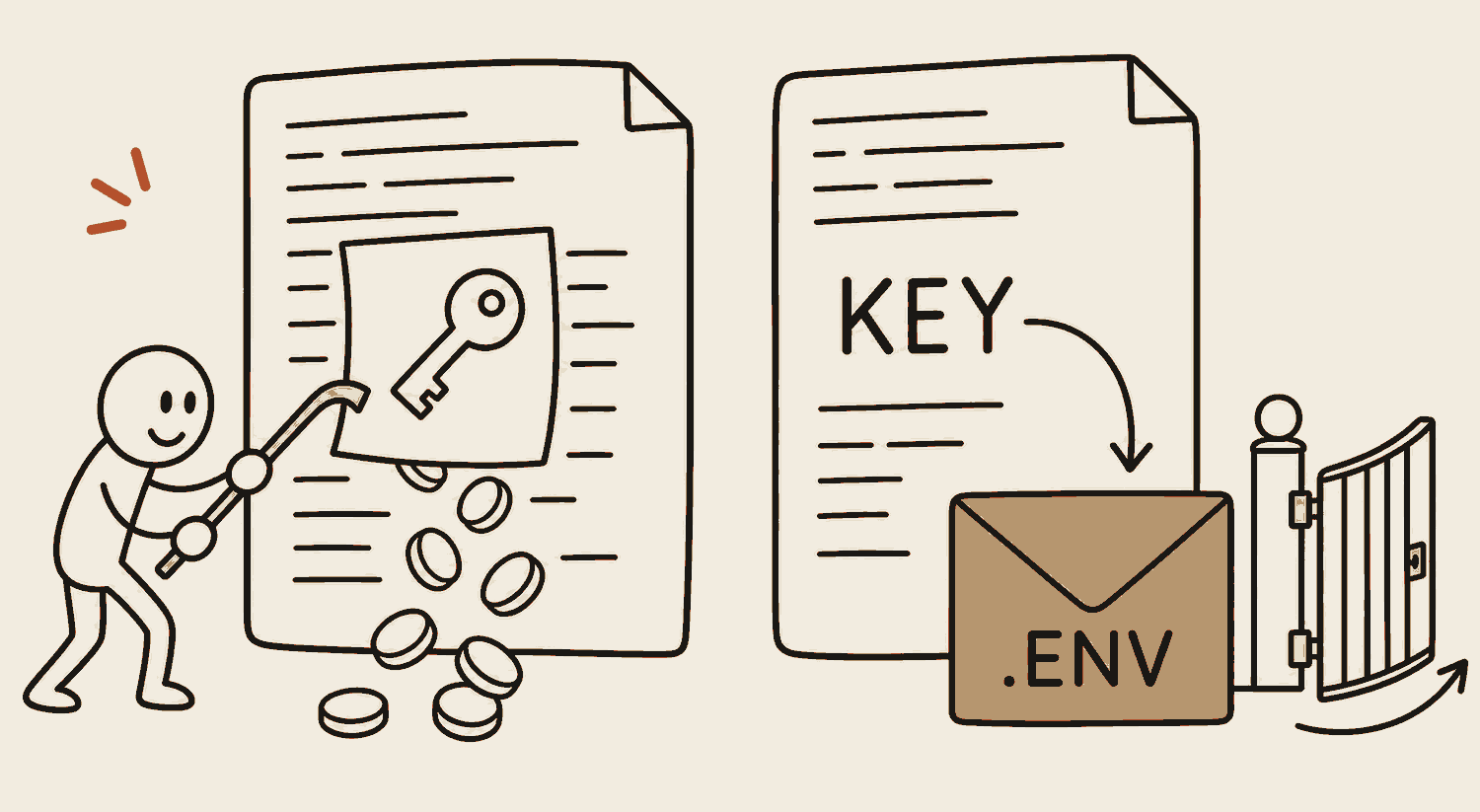 Two halves. On the left a sheet of code with the key written straight into it like a sticky note, a figure levering it off with a crowbar and coins spilling out below. On the right the same sheet showing only the word KEY and an arrow pointing to a sealed envelope labelled dot env, with a gate opening for it.