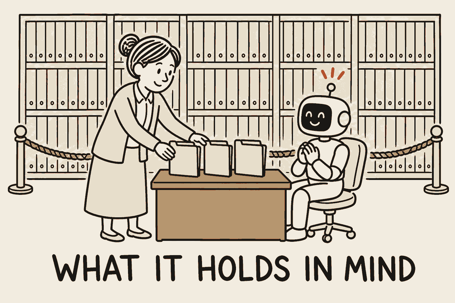 A librarian sets exactly three folders down on a small desk in front of a seated AI assistant. Behind them a whole archive of shelves stands untouched behind a rope. The desk is labelled what it holds in mind.