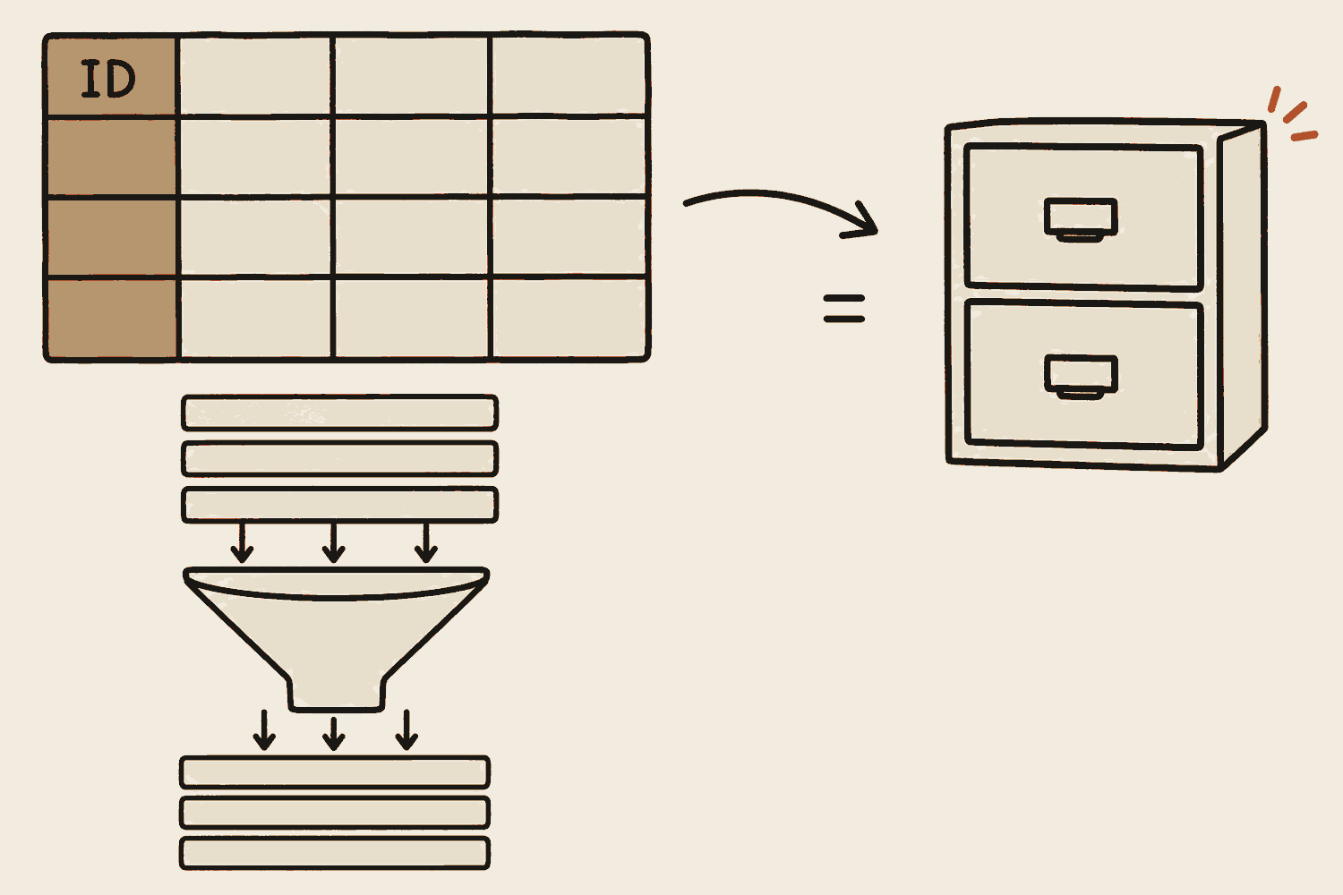 A spreadsheet grid with a gold highlighted identity column down the left. An arrow leads from the grid to a drawer cabinet, showing the two are the same idea. Below the grid, rows drop through a funnel and come out the other side, standing for the rows one question pulls out.