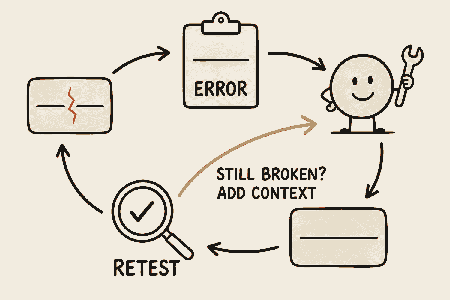 A loop of five steps: a small widget with a crack through it, a clipboard copying one exact error line off it, an agent circle holding a wrench, the same widget repaired, and a magnifier with a tick labelled you re-test. A side arrow labelled still broken? add context, go again runs back to the agent.