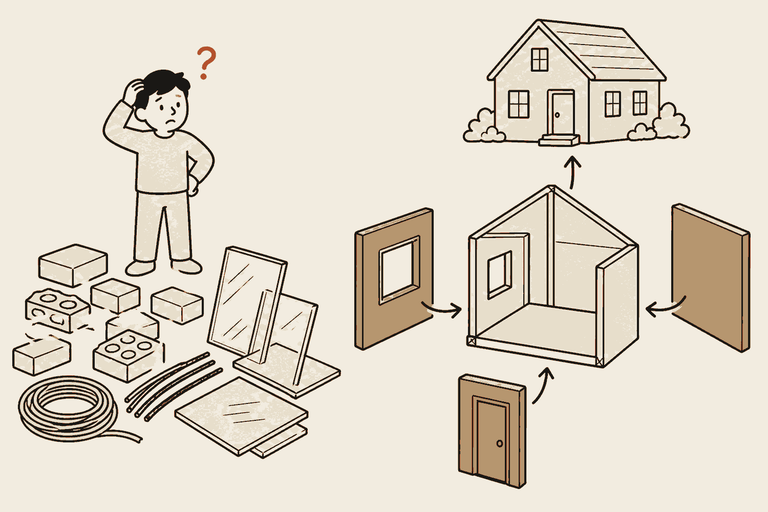 Two halves. On the left a loose pile of bricks, wires and panes of glass with a puzzled figure standing over it. On the right, prefabricated wall, window and door panels slotting into a standing frame, the house already half assembled, with the same finished house drawn small above it.