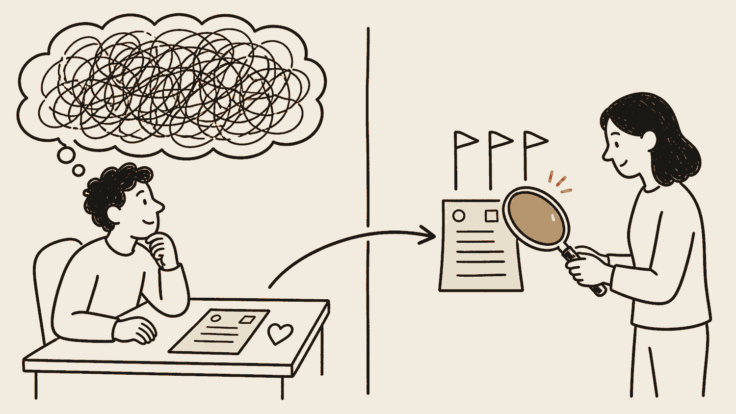 Two figures. On the left, a figure at a desk buried under a thick cloud of its own scribbled thinking, with a small heart drawn beside its work. On the right, a second figure holding a clean magnifier over a copy of the same work, with three small flags raised. An arrow between them carries only the work across, and the thought cloud does not cross.