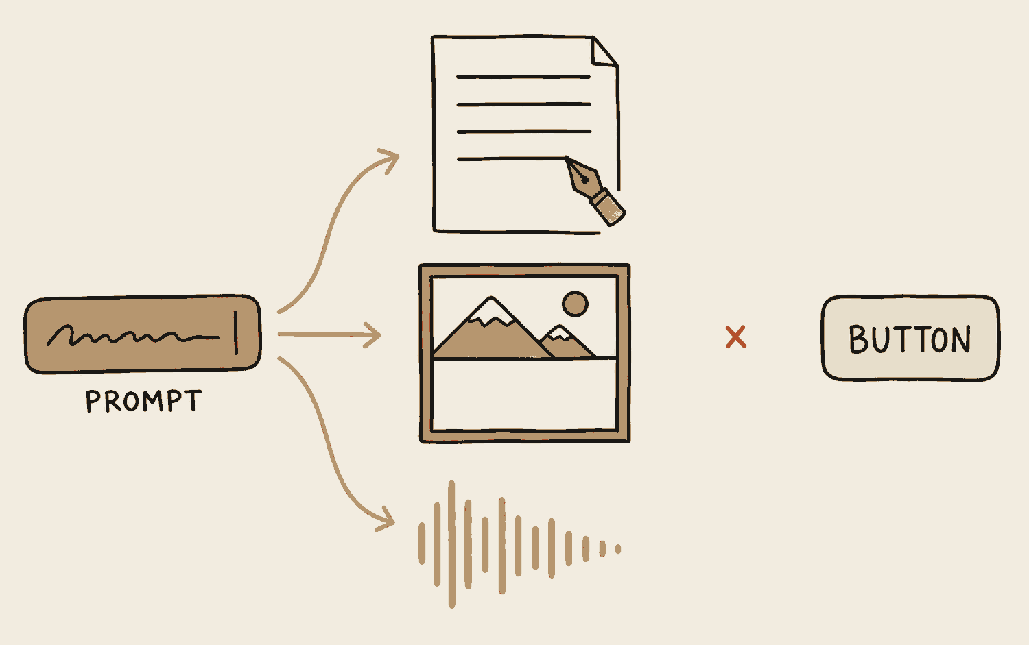 A chat box labelled prompt, holding one scribbled line of typing and a cursor. Three arrows fan out from it to three things still being made: a page whose last line stops halfway with a pen resting on it, a picture drawn across its top half and empty across the bottom, and a sound wave whose bars shorten and stop. Further right the flow ends at a small cross, and past the cross sits a button that nothing reaches.