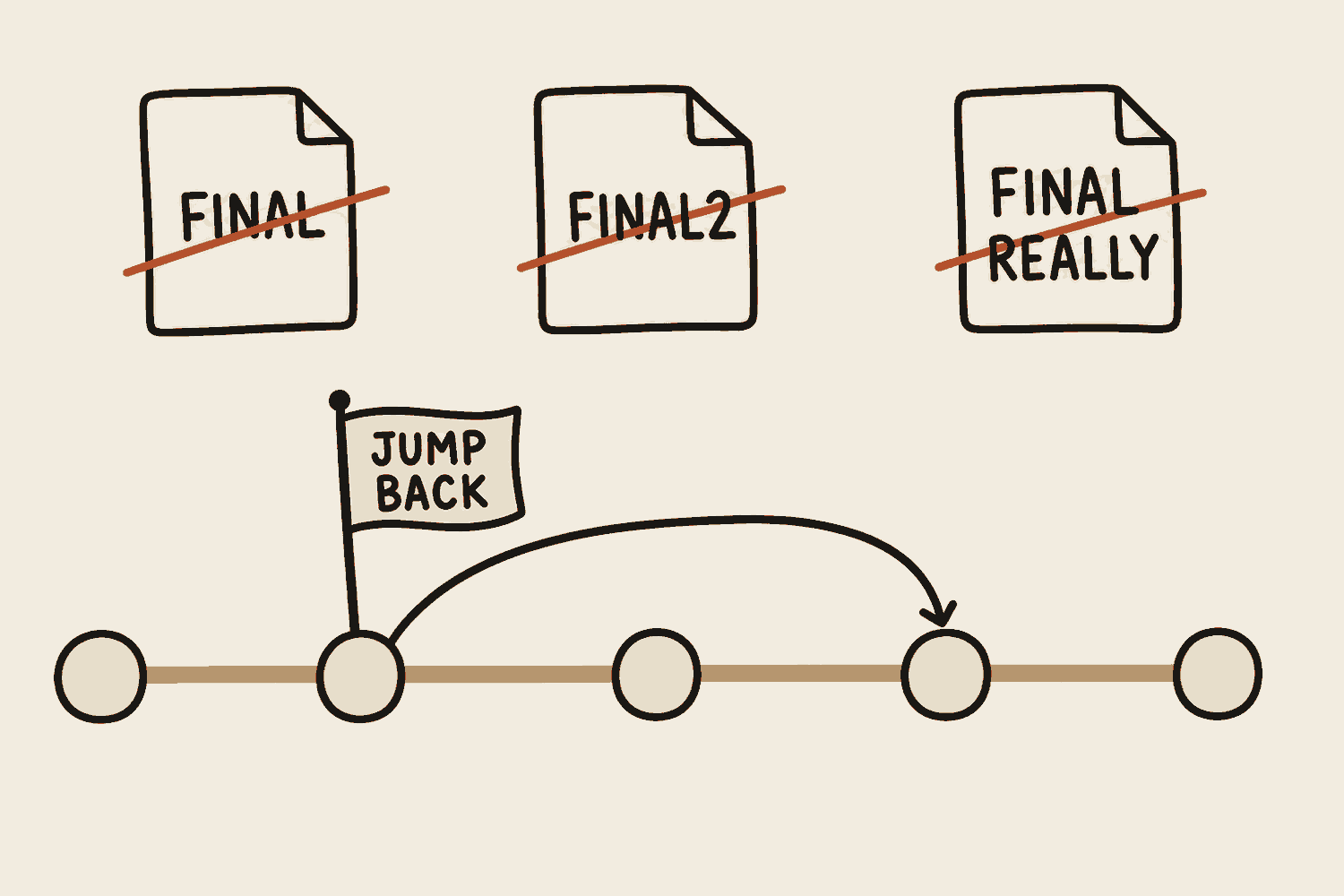 Top: three scattered file copies labelled final, final2 and FINAL really, struck through in terracotta. Below: one gold timeline rail carrying five round nodes, each node a commit. A flag reading jump back stands on an early node, and an arc joins that node to a later one along the rail.