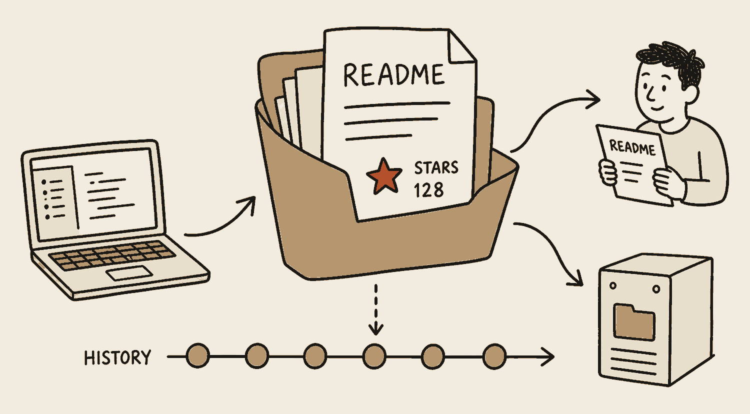 A large open folder drawn as a repository, with a front page marked README and a star stamp with a count beside it. A gold timeline of commit nodes runs beneath the folder. Arrows come in from a laptop pushing changes up, and go out to a stranger reading the README and to a small host machine watching the repo.