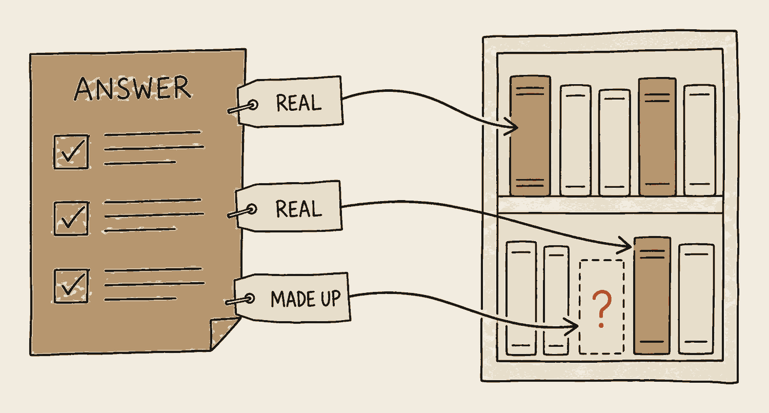 A neat ticked answer sheet with three source tags along its edge. Arrows run from the tags to a bookshelf. Two arrows land on solid books. The third lands on a dotted outline of a book that is not there, holding a question mark.