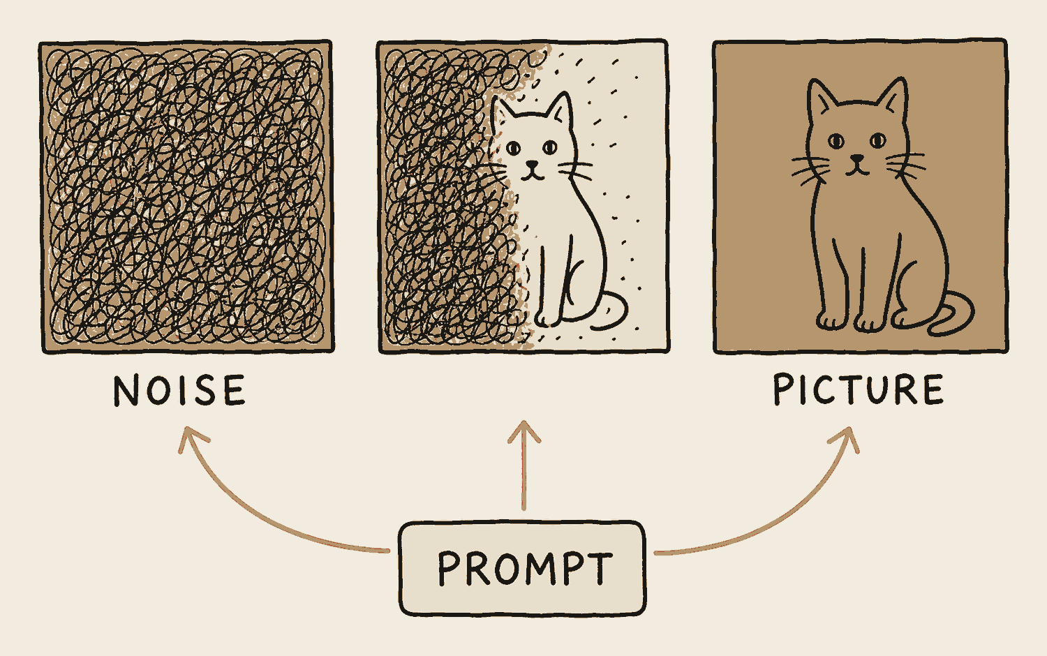 Three panels. The first is a square of dense random static. The second is the same square half cleared, with the vague shape of a cat showing through the noise. The third is a finished clean drawing of the cat. A card marked prompt sits below, with arrows rising from it to each panel, steering what gets cleared away.