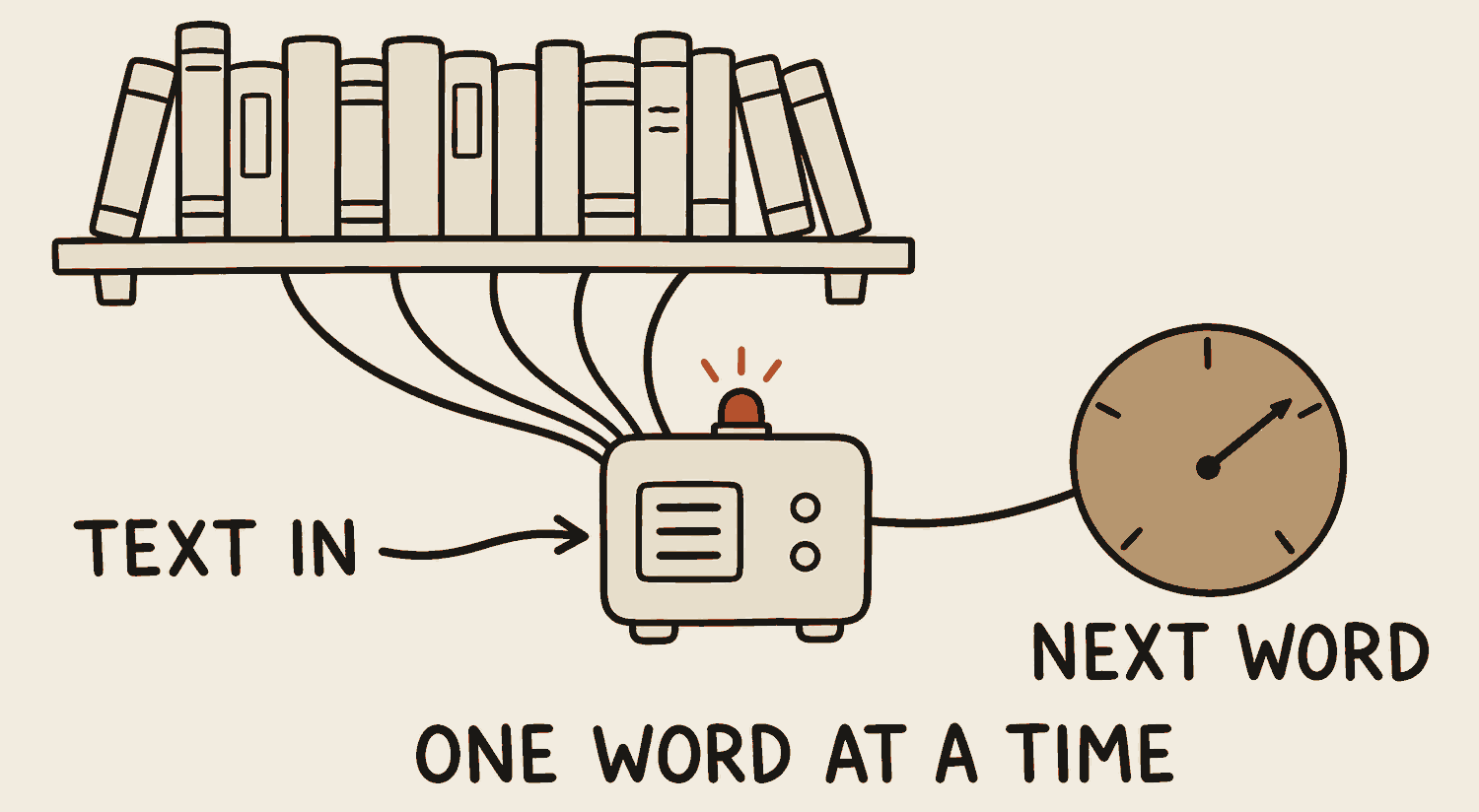 A long shelf of books funnels down into one small machine. Text goes in on the left by an arrow. On the right the machine drives a round gauge, marked like a clock face and labelled next word, with a single needle resting on one position. Along the bottom, the line: one word at a time.