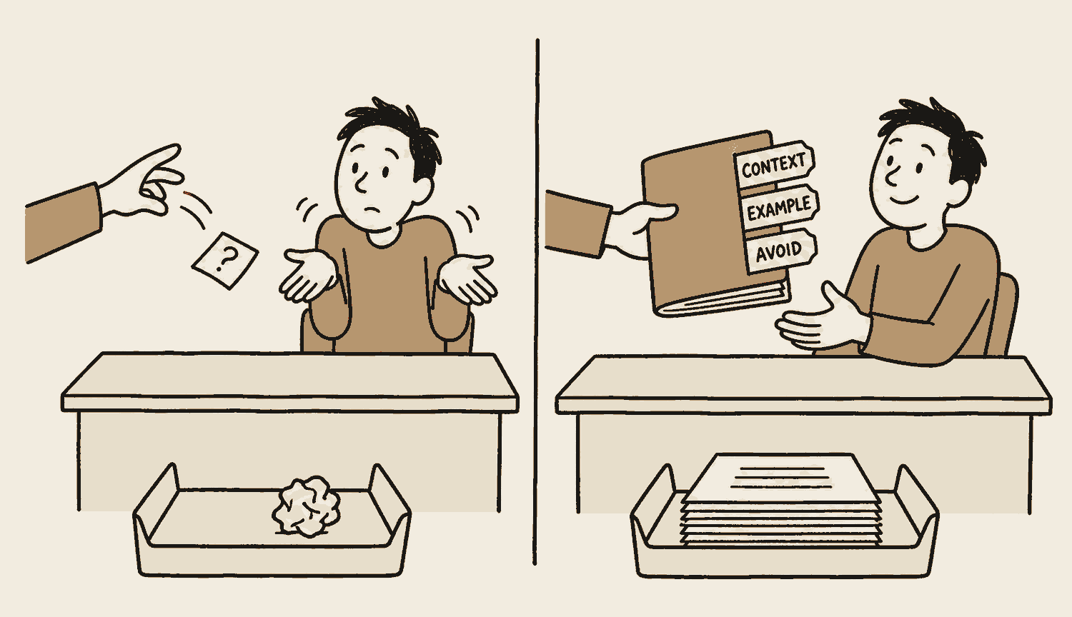 Two desks divided by a line. On the left a hand flicks a small question slip at a worker who shrugs, and one crumpled page lands in the tray below. On the right the same worker is handed a thick folder with tabs marked context, example and avoid, and a neat stack of finished pages fills the tray.