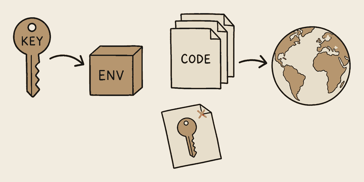 A key travels along an arrow into a closed box labelled env, standing apart from a stack of sheets labelled code. A second arrow sends the code sheets alone out to a globe. Below, a discarded sheet with the key drawn on it is crossed out in ember.