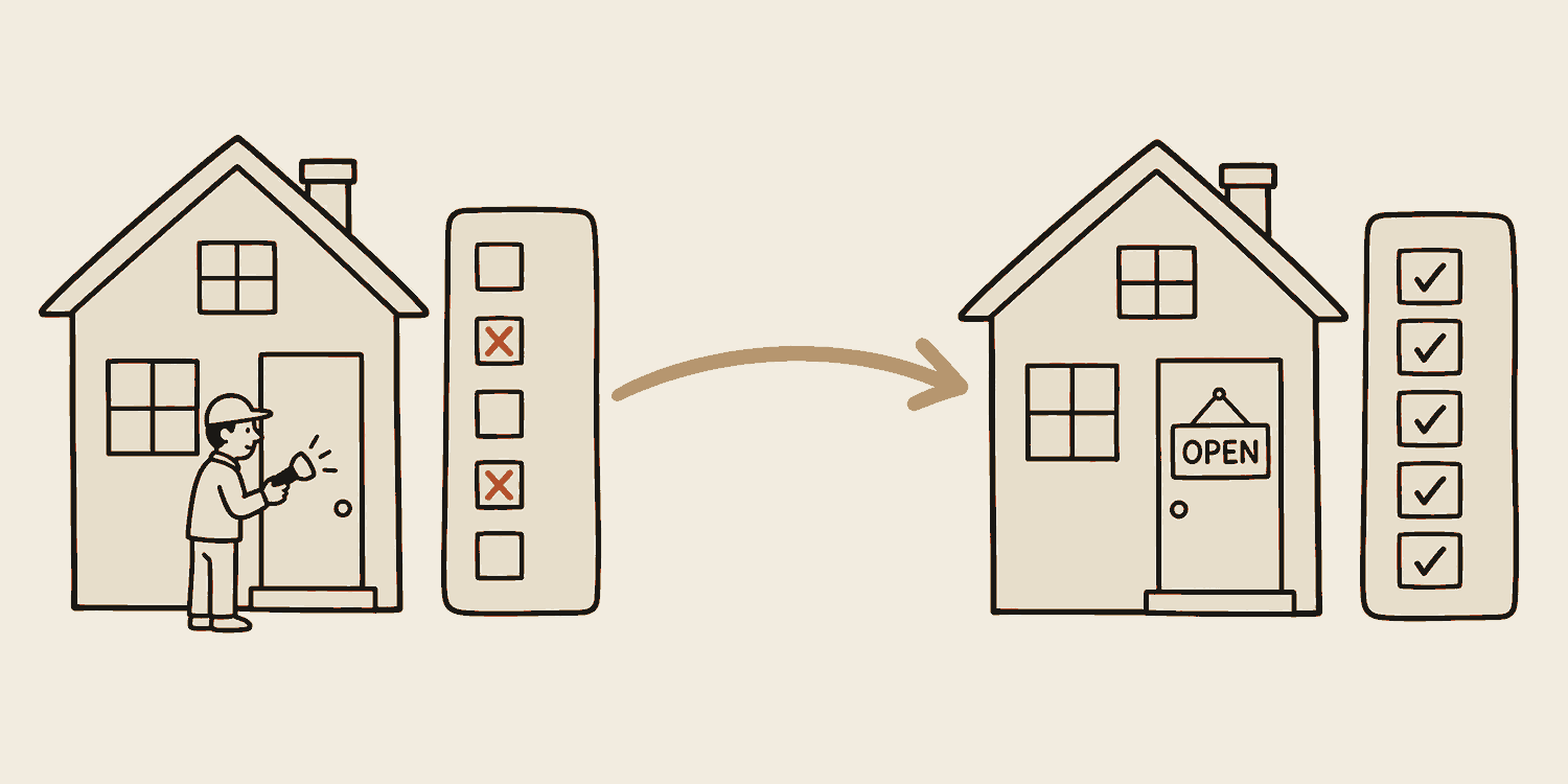 A finished house with an inspector at the door holding a torchlight and a checklist of five boxes, two of them crossed out. A gold arrow leads to a second visit: the same checklist with all five ticked, and an OPEN sign now hanging on the door.