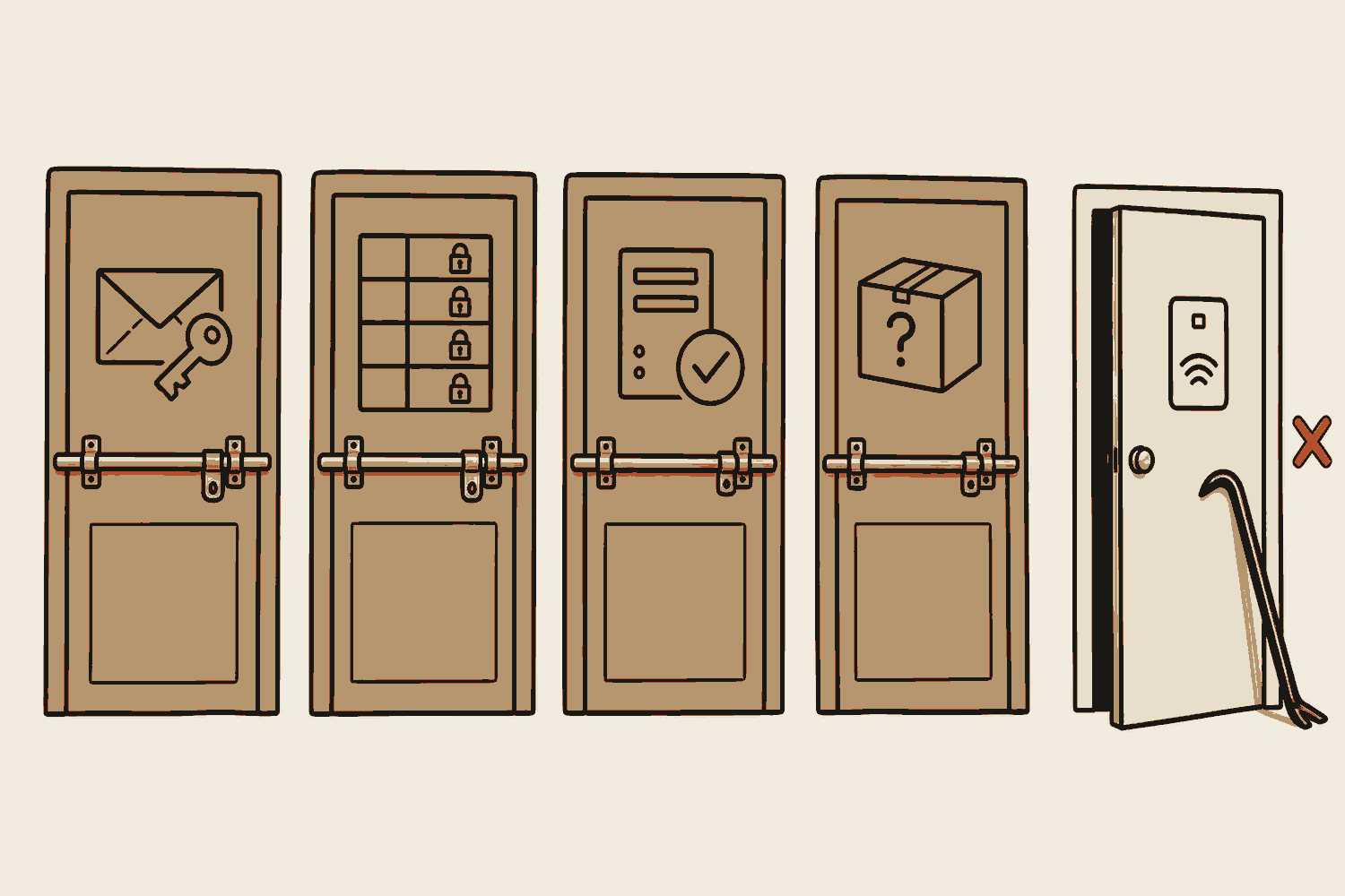 Five doors in a row. The first carries an envelope with a key on it, the second a grid with a padlock on every row, the third a server with a tick, the fourth a parcel with a question mark. Those four are bolted shut in gold. The fifth carries a card reader and stands ajar in terracotta, a crowbar leaning against it.