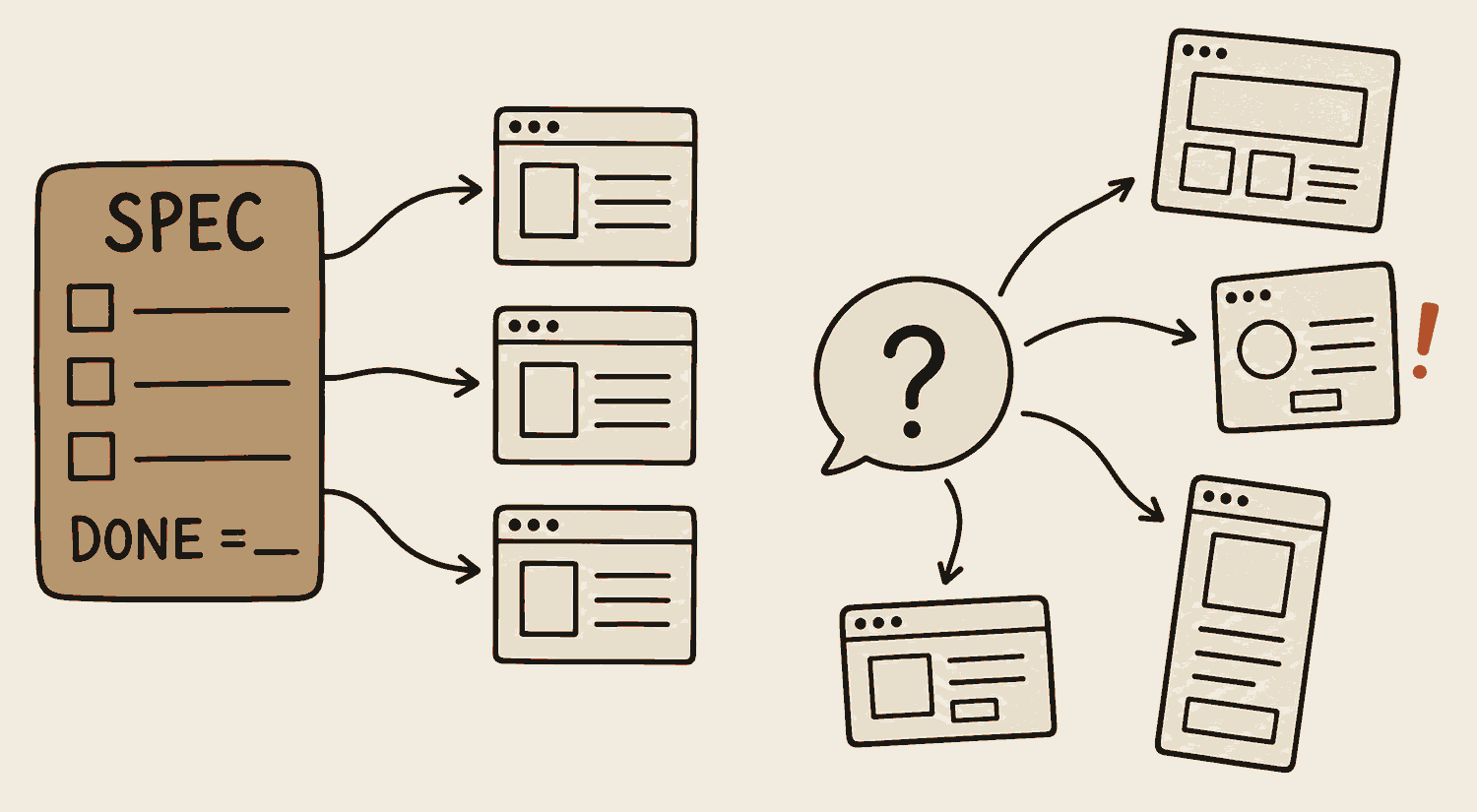 On the left, one gold sheet headed SPEC with checkbox lines and a final line reading DONE equals, feeding three neat screens that match each other. On the right, a speech bubble containing only a question mark, feeding four scattered screens that match neither each other nor the request.