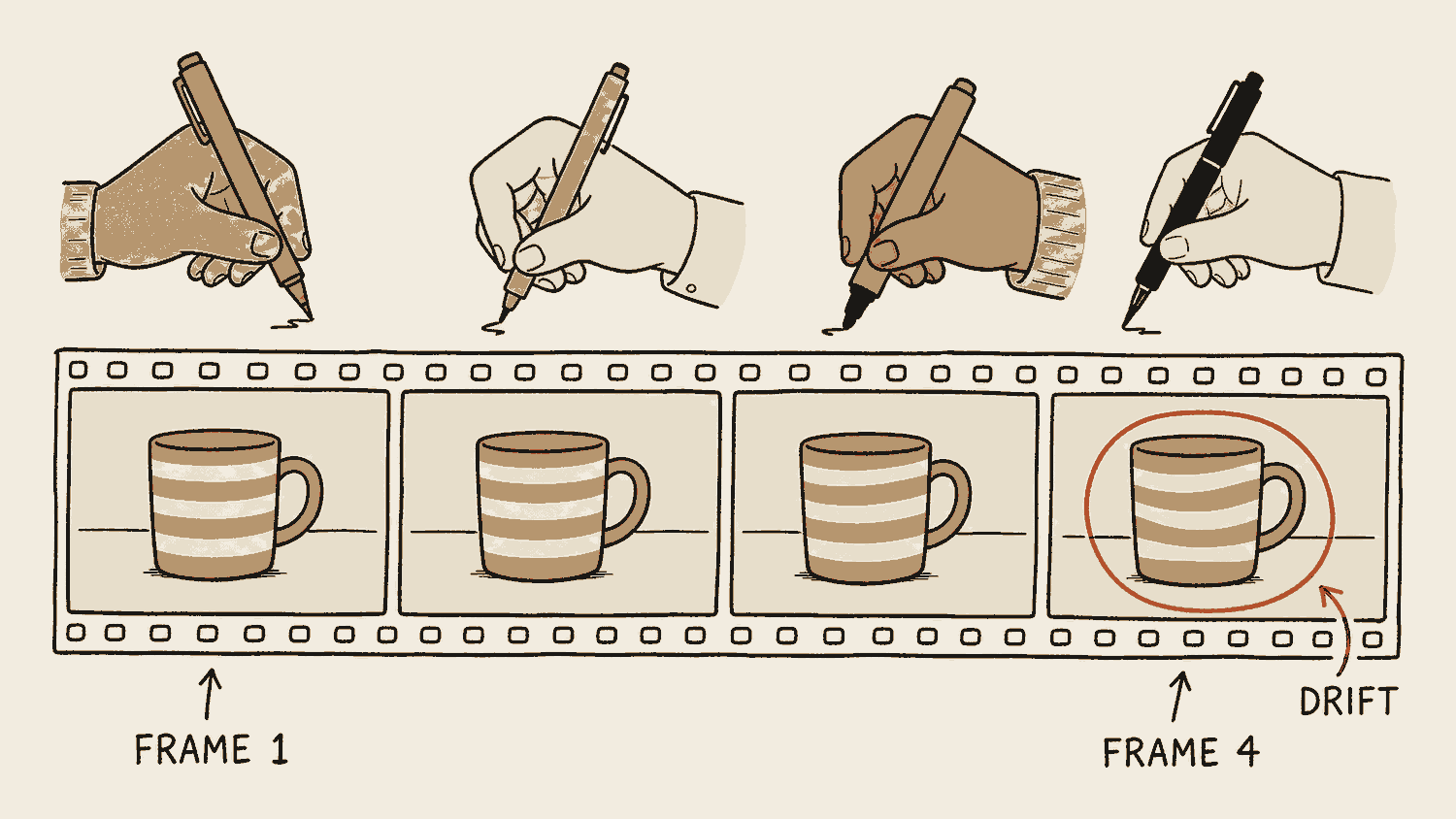 A film strip of four frames, each showing the same striped mug on a table, and above each frame a different hand holding a different pen. The stripes match in the first two frames, sit slightly wrong in the third, and are clearly wrong in the fourth, which is ringed.