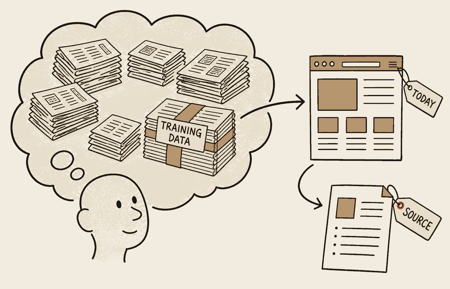 A model drawn as a head inside a thought bubble full of old newspapers marked training data, with an arrow reaching out of the bubble to a fresh web page marked today, and a small tag on the answer reading source attached.