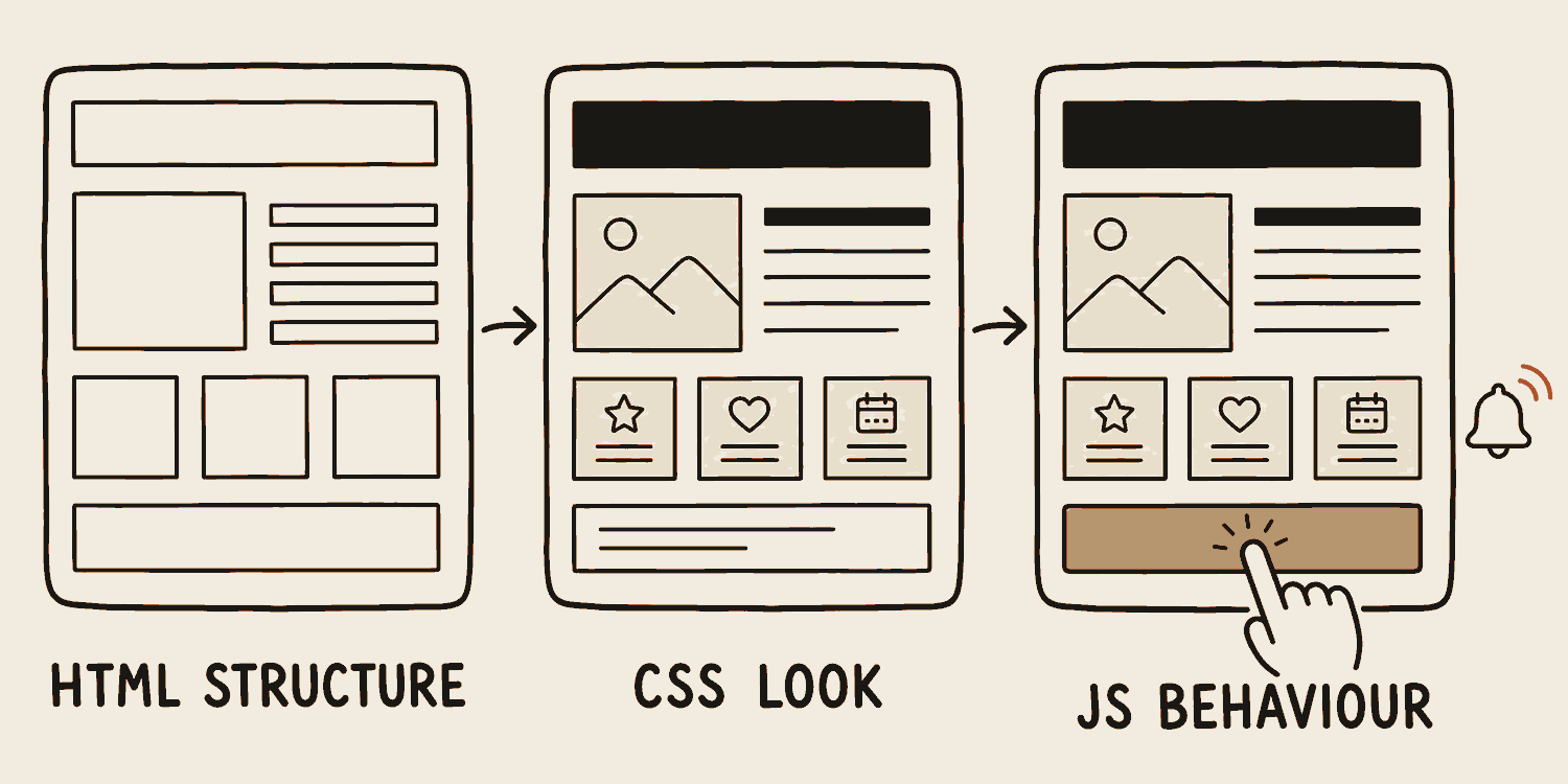The same small web page drawn three times in a row. First as a bare wireframe skeleton of boxes, labelled HTML, structure. Second the same page inked in with colour, type and spacing, labelled CSS, look. Third the same page with a button being pressed and a small bell ringing beside it, labelled JS, behaviour.